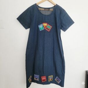 Vintage Jane Ashley Blue Denim Dress Seed Packet Patchwork Floral Fruits Size L
